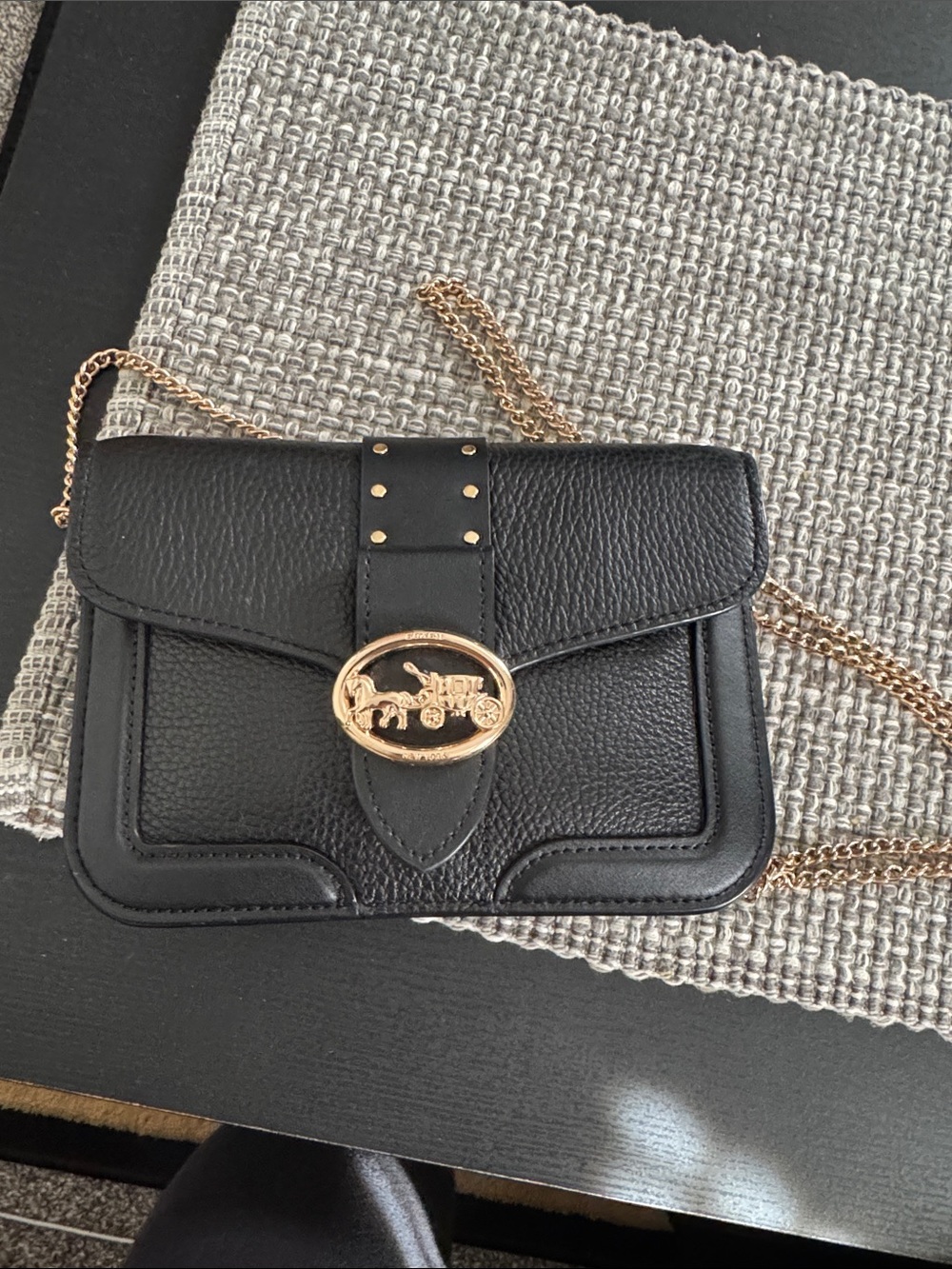 Black Leather Crossbody Bag with Gold Hardware